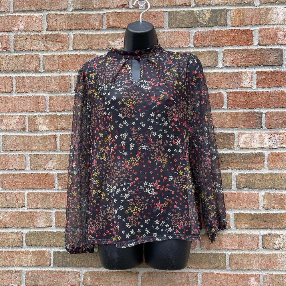 Dark Floral Fairy Grunge Whimsigoth Sheer Blouse Mock Neck Layering Tee medium